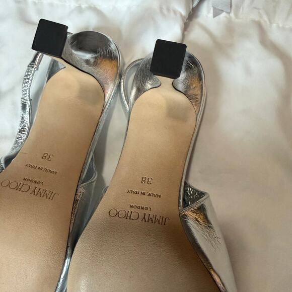 Jimmy Choo Staz 70MM Bow-Embellished Leather Slingback Pumps Silver Size 38 - Picture 5 of 9